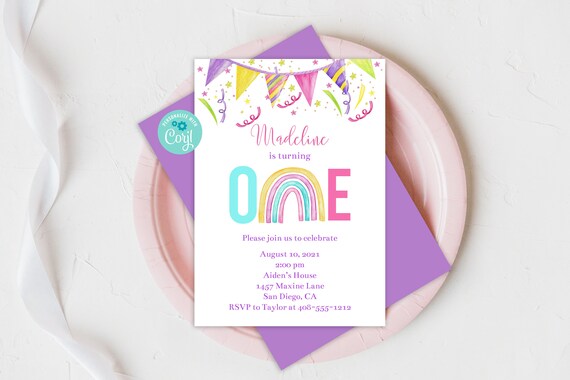 Editable First Birthday Invitation, 1st Birthday, Rainbow Invitation, Rainbow Party, Printable Invitation, Corjl, Invitation Template, RABP Il_570xn