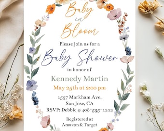 Editable Wildflower Baby Shower Invite Baby In Bloom Baby Shower Invitation Template Printable Boho Gender Neutral Floral Baby Corjl WBBB