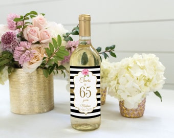 65th Birthday Wine Label, Cheers to 65 Years Wine Label, Personalized Wine Label, Black White Striped 65th Wine Label, Floral 65th Wine