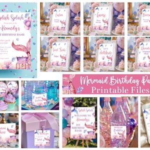 Editable Mermaid Birthday Party Bundle, Printable Girls Mermaid Birthday Party Decorations, Invitation, Welcome Sign, Table Decor, Corjl
