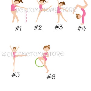 K&ouml;nnte beinhalten: Sechs Illustrationen von M&auml;dchen in rosa Trikots, die verschiedene Gymnastikposen ausf&uuml;hren. Die M&auml;dchen sind von 1 bis 6 nummeriert. Der Text "Bitte w&auml;hlen Sie das M&auml;dchen, das Sie bevorzugen." befindet sich oben im Bild.