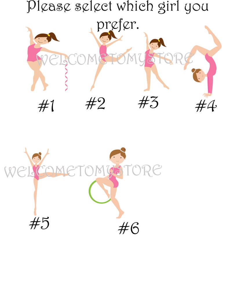 K&ouml;nnte beinhalten: Sechs Illustrationen von M&auml;dchen in rosa Trikots, die verschiedene Gymnastikposen ausf&uuml;hren. Die M&auml;dchen sind von 1 bis 6 nummeriert. Der Text "Bitte w&auml;hlen Sie das M&auml;dchen, das Sie bevorzugen." befindet sich oben im Bild.