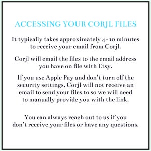 May include: Text on a white background with a black border. The text in light blue reads "ACCESSING YOUR CORJL FILES." The text below explains how to access files from Corjl, including email delivery and Apple Pay instructions.