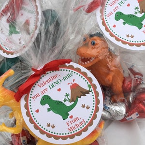 Puede incluir: Una bolsa de regalo para el D&iacute;a de San Valent&iacute;n llena de caramelos de chocolate, juguetes de dinosaurios y una etiqueta que dice "Valentine, you are DINO-mite. From, Michael."