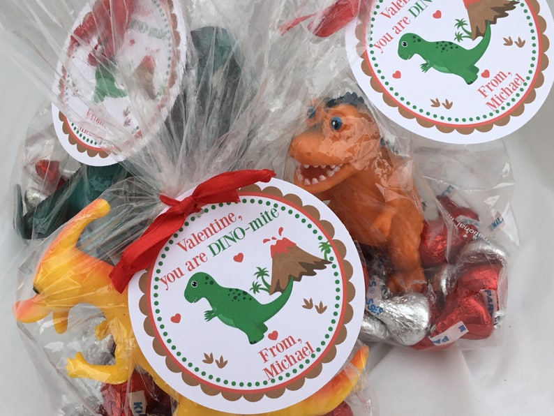 Puede incluir: Una bolsa de regalo para el D&iacute;a de San Valent&iacute;n llena de caramelos de chocolate, juguetes de dinosaurios y una etiqueta que dice "Valentine, you are DINO-mite. From, Michael."