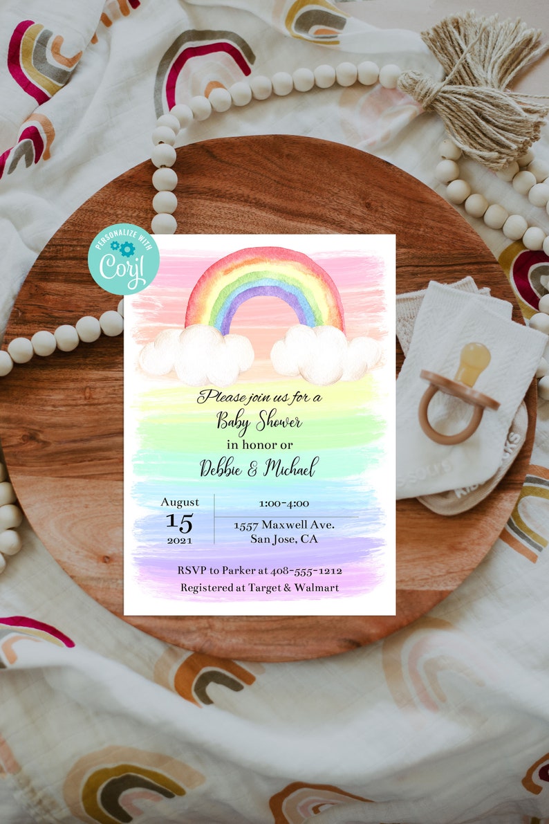 Editable Rainbow Baby Shower Invitation, Invitation Template, Gender Neutral, Watercolor Rainbow Invite, Printable Invitation, Corjl, RWBS image 1