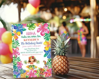 Editable Luau Birthday Party Invitation Template, Printable Hula Girl Hawaiian Birthday Invite, Summer Birthday, Tropical Floral, Corjl HUBC