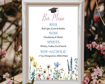 Editable Wildflower Graduation Bar Menu Template, Editable Floral Grad Party Drinks Sign, Printable Nature Graduation Decorations, Corjl