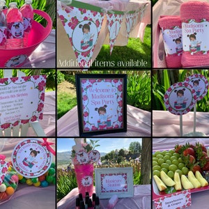K&ouml;nnte beinhalten: Ein Spa-Party-Set mit pinkfarbenen und gr&uuml;nen Blumenmustern. Das Set beinhaltet ein Willkommens-Schild, Einladungen, Wasserflaschenetiketten, Geschenkanh&auml;nger, Cupcake-Topper und Handt&uuml;cher. Der Text auf dem Schild lautet "Willkommen zur Spa-Party von Madison".