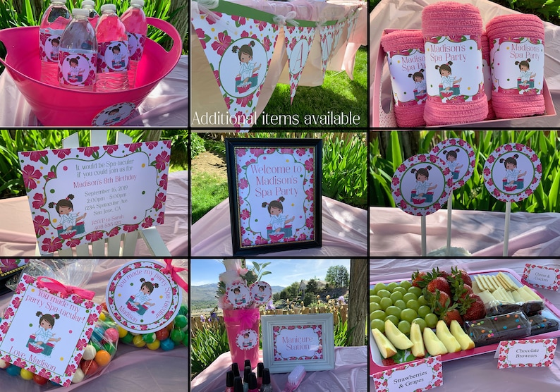 K&ouml;nnte beinhalten: Ein Spa-Party-Set mit pinkfarbenen und gr&uuml;nen Blumenmustern. Das Set beinhaltet ein Willkommens-Schild, Einladungen, Wasserflaschenetiketten, Geschenkanh&auml;nger, Cupcake-Topper und Handt&uuml;cher. Der Text auf dem Schild lautet "Willkommen zur Spa-Party von Madison".