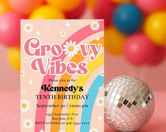 Redigerbar Groovy Vibes födelsedagsinbjudningsmall, utskrivbar retro tusensköna och regnbåge födelsedagsinbjudan, hippieinbjudan, hippiefest, Corjl