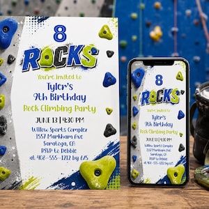 Op de afbeelding: Een gedrukte uitnodiging en een smartphone met een digitale versie van een uitnodiging voor een klimverjaardagsfeestje. Het ontwerp bevat blauwe en limoengroene klimgrepen, verfspatten en de tekst 8 ROCKS, Tyler's 9th Birthday.