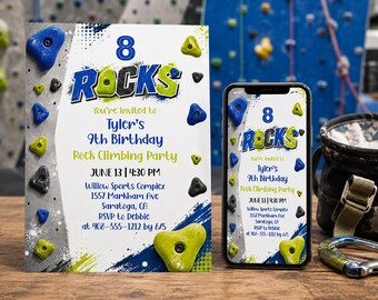 May include: A printed invitation and a smartphone displaying a digital version of a rock climbing birthday party invite. The design features blue and lime green climbing holds, paint splatter accents, and text reading 8 ROCKS, Tyler's 9th Birthday.