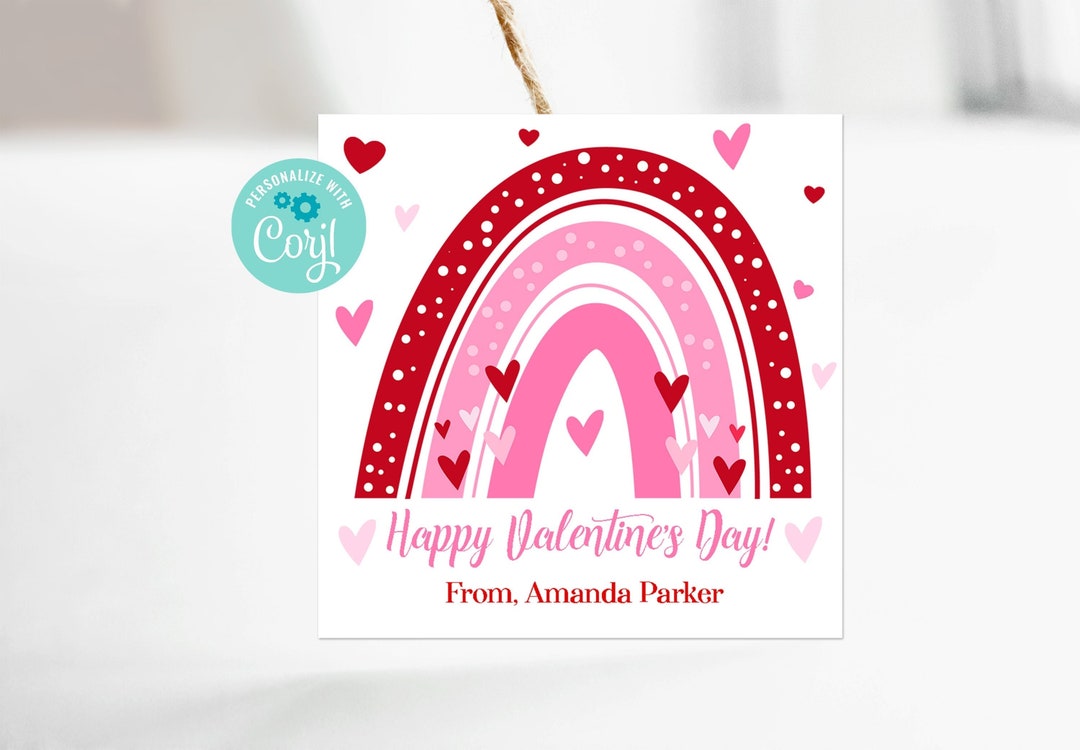 Editable Pink and Red Rainbow Hearts Valentine's Day Tag for Kids Co ...