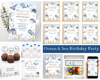 Ocean and Sea Birthday Party Bundle, Editable Ocean Animals Party Set, Whale Dolphin Sea Turtle Octopus Shark Party Invite Decor, Corjl USCE