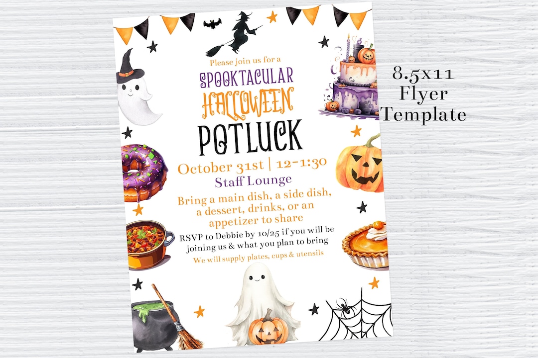 Editable Halloween Potluck Flyer Template, Halloween Staff Potluck