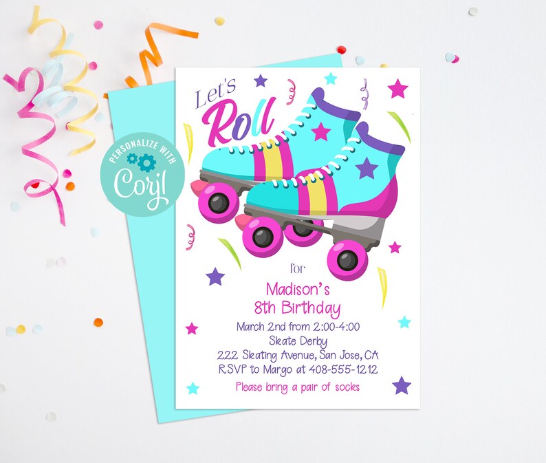 K&ouml;nnte beinhalten: Einladung zu einer Rollschuh-Geburtstagsparty f&uuml;r ein 8-j&auml;hriges Kind. Die Einladung zeigt ein Paar bunte Rollschuhe mit Sternen und Konfetti. Der Text lautet "Let's Roll" und enth&auml;lt Datum, Uhrzeit, Ort und RSVP-Informationen.