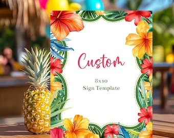 Bearbeitbare Luau Benutzerdefinierte Zeichenvorlage, druckbare Palmenblatt- und Hibiskusblumen Tropische Tischschilder, hawaiianische Tischdekoration, Corjl