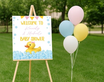 Bearbeitbare Gummiente Mädchen-Babyparty-Willkommensschild-Vorlage, druckbare Gummiente Mädchen-Babyparty-Dekorationen, Paare-Babyparty, Corjl