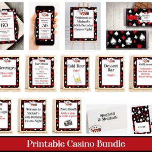 Modelos de kits para festa de cassino para imprimir, decorações editáveis para festa de aniversário de cassino, decoração para noite de cassino, noite de pôquer, jogos de azar, Corjl, CABR
