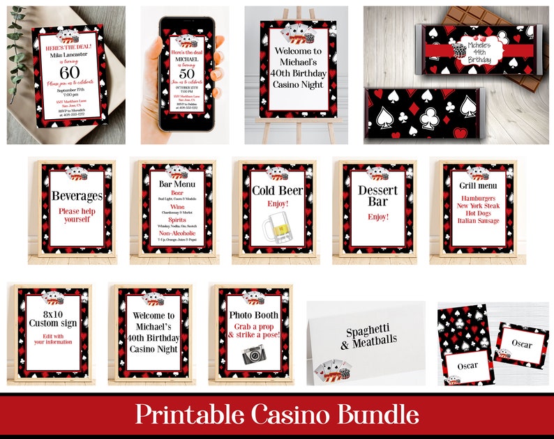 Puede incluir: Decoraciones de fiesta de casino imprimibles en rojo, negro y blanco con un tema de cartas de juego. El conjunto incluye invitaciones, letreros, etiquetas de comida y envoltorios de barras de chocolate. El texto en las invitaciones dice "Reserve the Deal" y "Bienvenido a la noche de casino del 40 cumplea&ntilde;os de Michael".