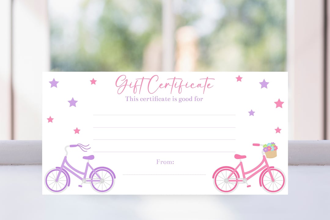 Editable Bike Gift Certificate Template, Printable Bicycle Coupon Voucher, Girls Christmas Gift