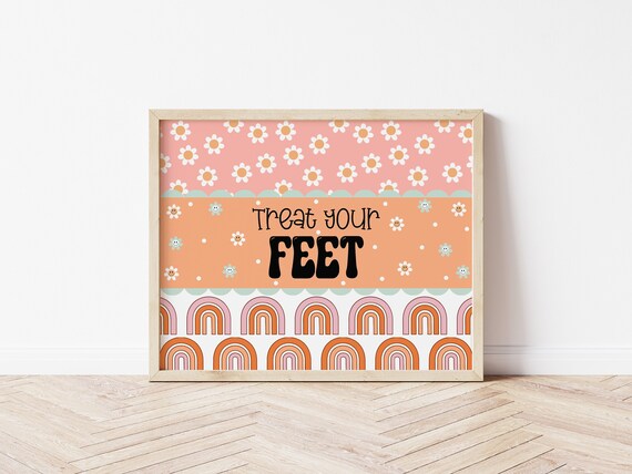 Retro Treat Your Feet Pedicure Sign, Hippie Spa Party, Boho Rainbow Spa