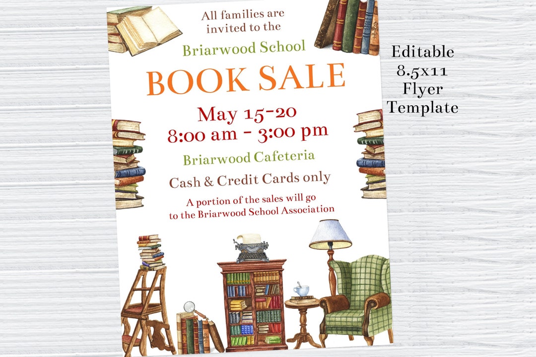 Editable Book Sale Flyer Template, Printable School Book Sale, Library