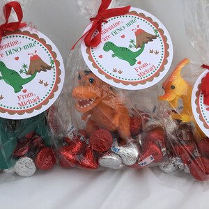 Puede incluir: Tres bolsas de pl&aacute;stico transparentes llenas de chocolates envueltos en papel de aluminio rojo y plateado. Cada bolsa tiene una etiqueta redonda de papel blanco con un dise&ntilde;o de dinosaurio y volc&aacute;n. Las etiquetas dicen "You are DINO-mite" y "From, Michael".