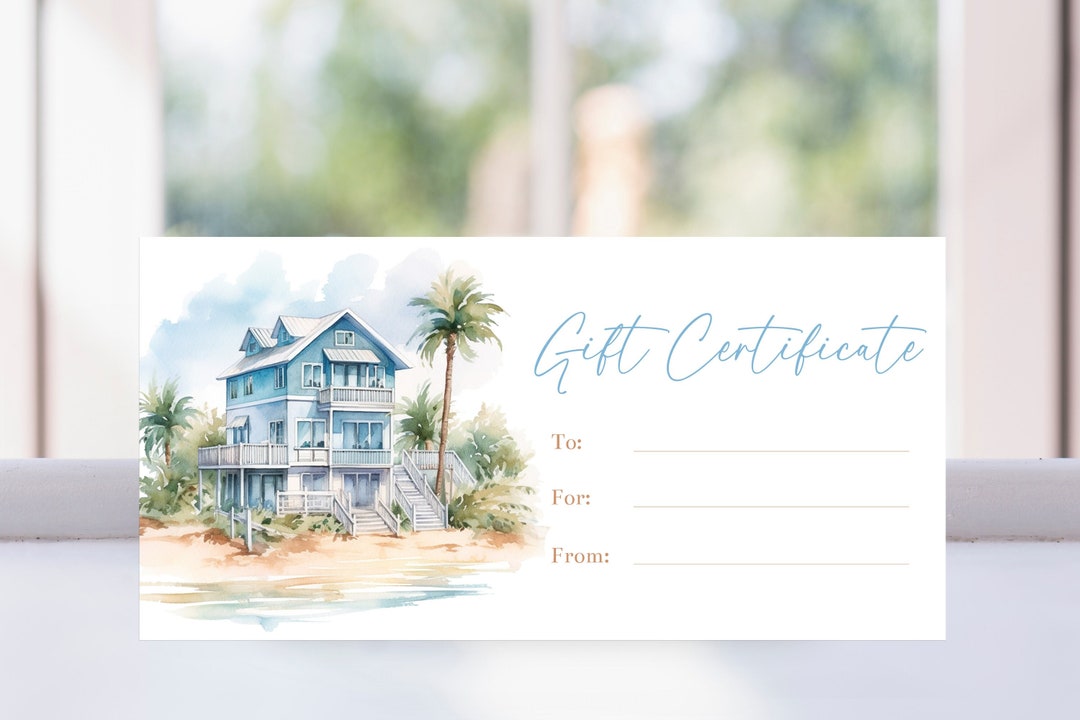 Printable Beach House Gift Certificate Template, Tropical Vacation