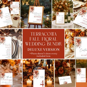 Puede incluir: Una colección de papelería de boda floral de otoño terracota. Incluye invitaciones, tarjetas de guardar la fecha, tarjetas de mesa y señalización. Los diseños presentan arreglos florales en tonos naranja, rojo y marrón.