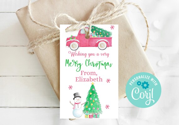 Editable Christmas Tags, Truck and Snowman Tag, Corjl, Printable Tags, Personalized, Christmas Gift Tag, Rustic, Christmas Tags for School Il_570xn