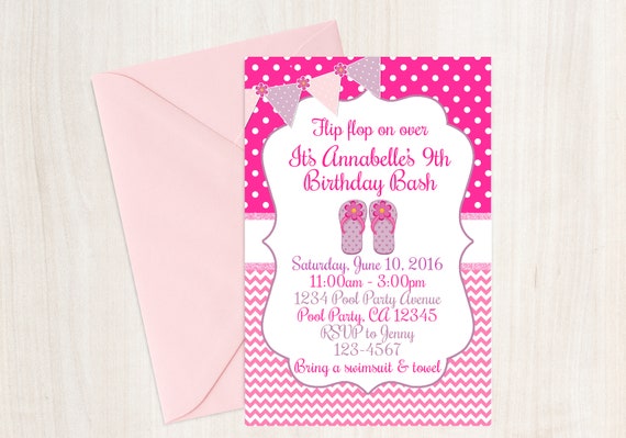 flip flop pool party birthday invitation girls summer beach etsy