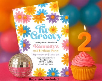 Retro Two Groovy Daisy 2nd Birthday Invitation Template For Girls 2nd Birthday Editable Hippy Second Birthday Invite Daisies Invite Corjl