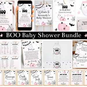 Printable A Little Boo is Almost Due Baby Shower Bundle, Editable Pink Ghost Girls Halloween Baby Shower Invitation and Decor, Corjl, HEBP