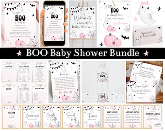 Printable A Little Boo is Almost Due Baby Shower Bundle, Editable Pink Ghost Girls Halloween Baby Shower Invitation and Decor, Corjl, HEBP