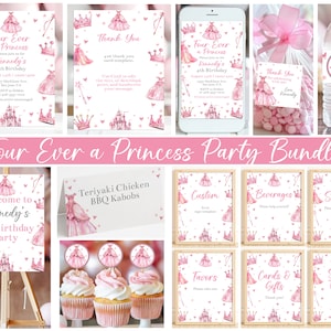 Editable FOUR Ever a Princess Birthday Party Bundle Printable Princess 4th Birthday or Any Age Party Invitation and Decor4ations Corjl FEVP image 1