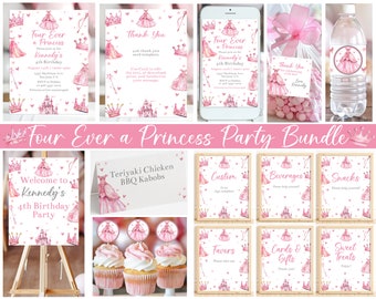 Editable FOUR Ever a Princess Birthday Party Bundle Printable Princess 4th Birthday or Any Age Party Invitation and Decor4ations Corjl FEVP