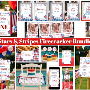 May include: A selection of party decorations with a patriotic theme, featuring red, white, and blue colours. The items include signs, cupcake toppers, and a banner, all designed for a "Stars & Stripes Firecracker" first birthday celebration.