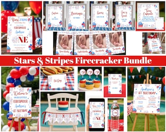 Editable Stars Stripes Firecracker 4th of July 1st Birthday Bundle Templates Printable Firecracker First Birthday One Year Old Corjl SSTF