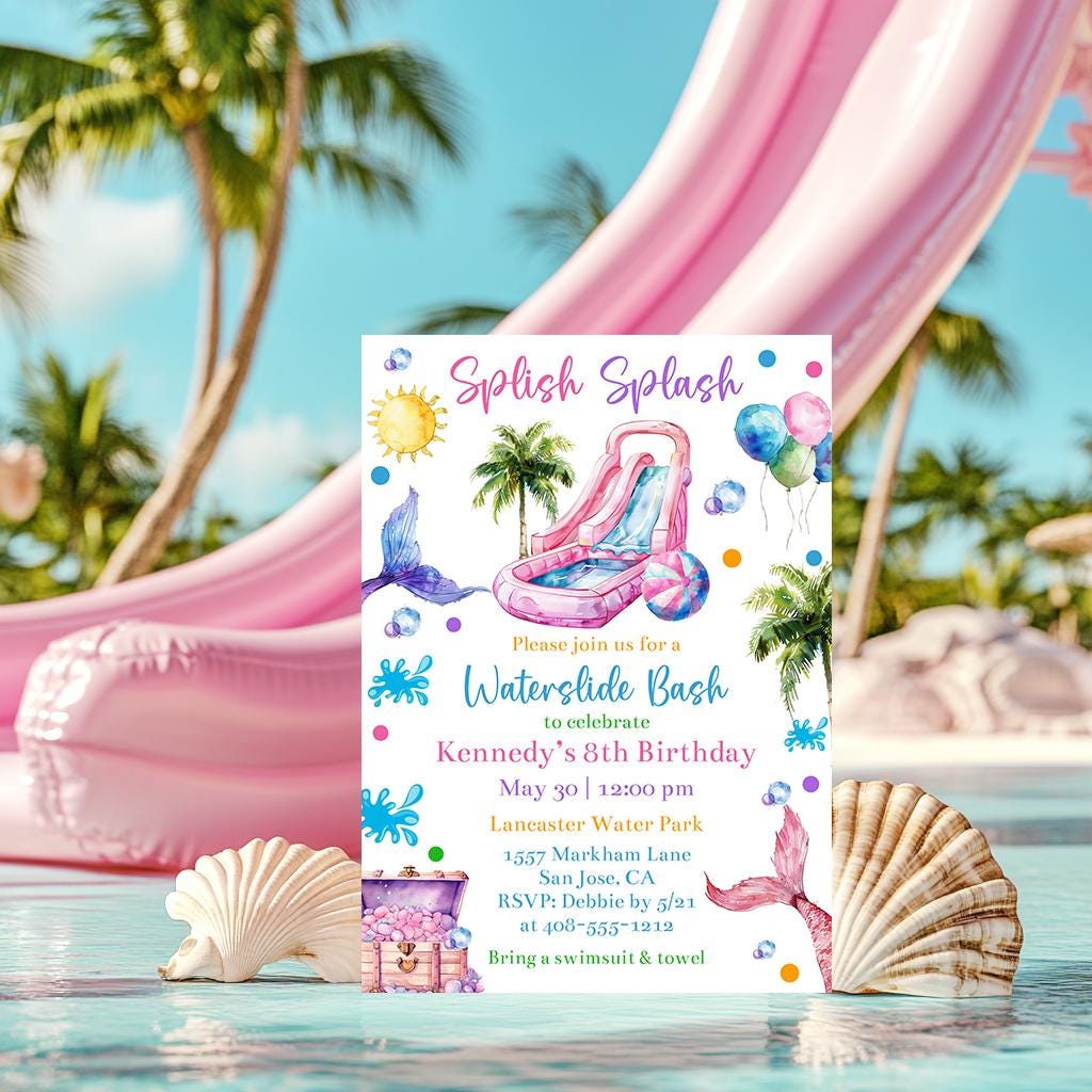 Modello di invito per festa in piscina con scivolo acquatico delle sirene modificabile, invito per festa con scivolo acquatico, festa in piscina della