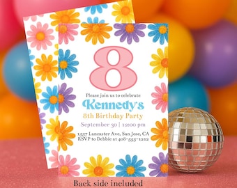 Plantilla de invitación de octavo cumpleaños hippie retro Daisy para niñas, invitación editable de octavo cumpleaños, Groovy Daisies Invite Corjl