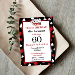 Puede incluir: Una invitaci&oacute;n negra y roja con un patr&oacute;n de cartas de juego. La invitaci&oacute;n dice "Here's the deal! Mike Lancaster is turning 60. Please join us to celebrate September 17th 7:00 pm 1537 Markham Lane San Jose, CA RSVP to Meredith at 408-555-1212"