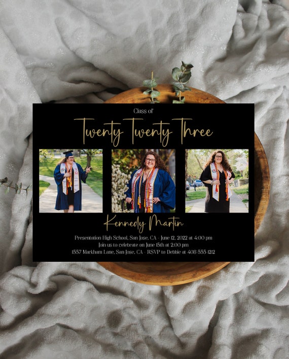 Fully Editable Class of Twenty Twenty Three Graduation Party Photo Announcement Template, Black and Gold Grad Party Invite, Printable, Corjl Il_570xn