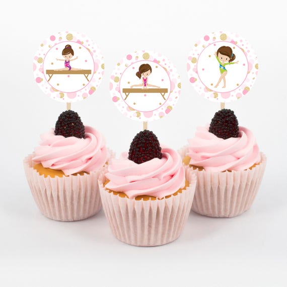 Gymnastic Cupcake Toppers, Gymnastic Birthday, Pink and Gold Gymnastics, Gymnastics Party, Instant Download, Printable Gymnastics, Gymnast Il_570xn