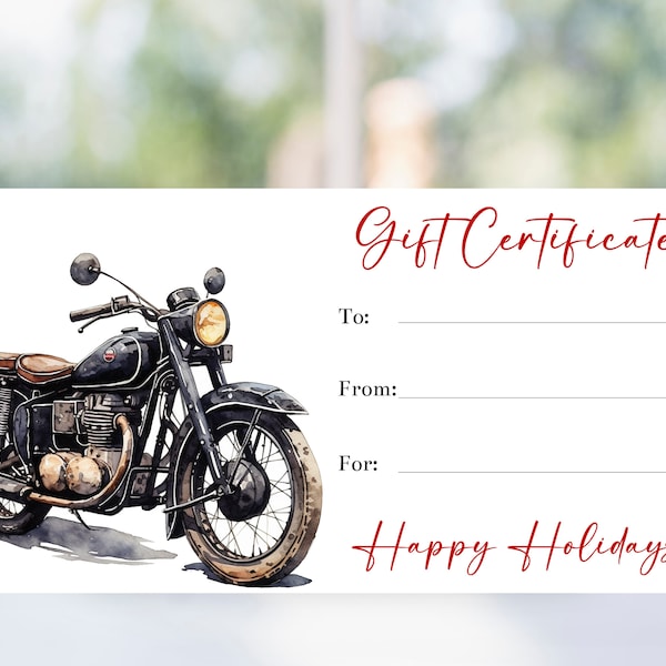 Printable Motorcycle Gift Certificate Template, Christmas or Birthday Gift, Gift For Him, Motorcycle Ride Coupon, Motorcycle Jacket, Corjl