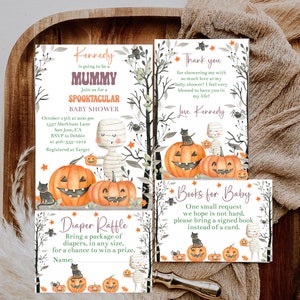 Mummy To Be Baby Shower Set Mummy Invitation Thank You Card Diaper Raffle Books for Baby Halloween Baby Shower Mummy Baby Shower Corjl MUBA