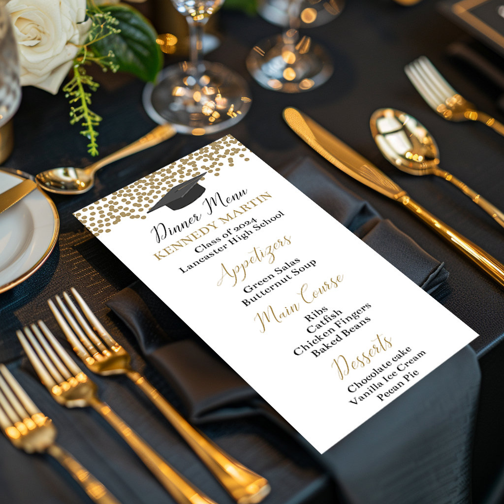 Editable Graduation Party Dinner Menu Card Template, Class Of 2024 Party, Printable Black & Gold Grad Party, High School Graduation, Corjl