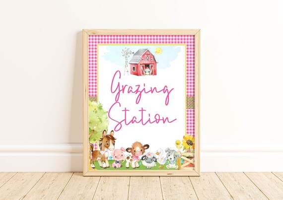 Pink Farm Grazing Station Sign, Food Sign, Farm Birthday Party, Barnyard Party, Farm Baby Shower, Party Decorations, 1st Birthday, PFAR Il_570xn