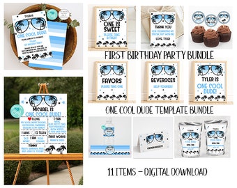 One Cool Dude 1st Birthday Party Bundle Templates, Blue and Black First Birthday Party Decorations, Printable Boys Birthday, Corjl, BLOC